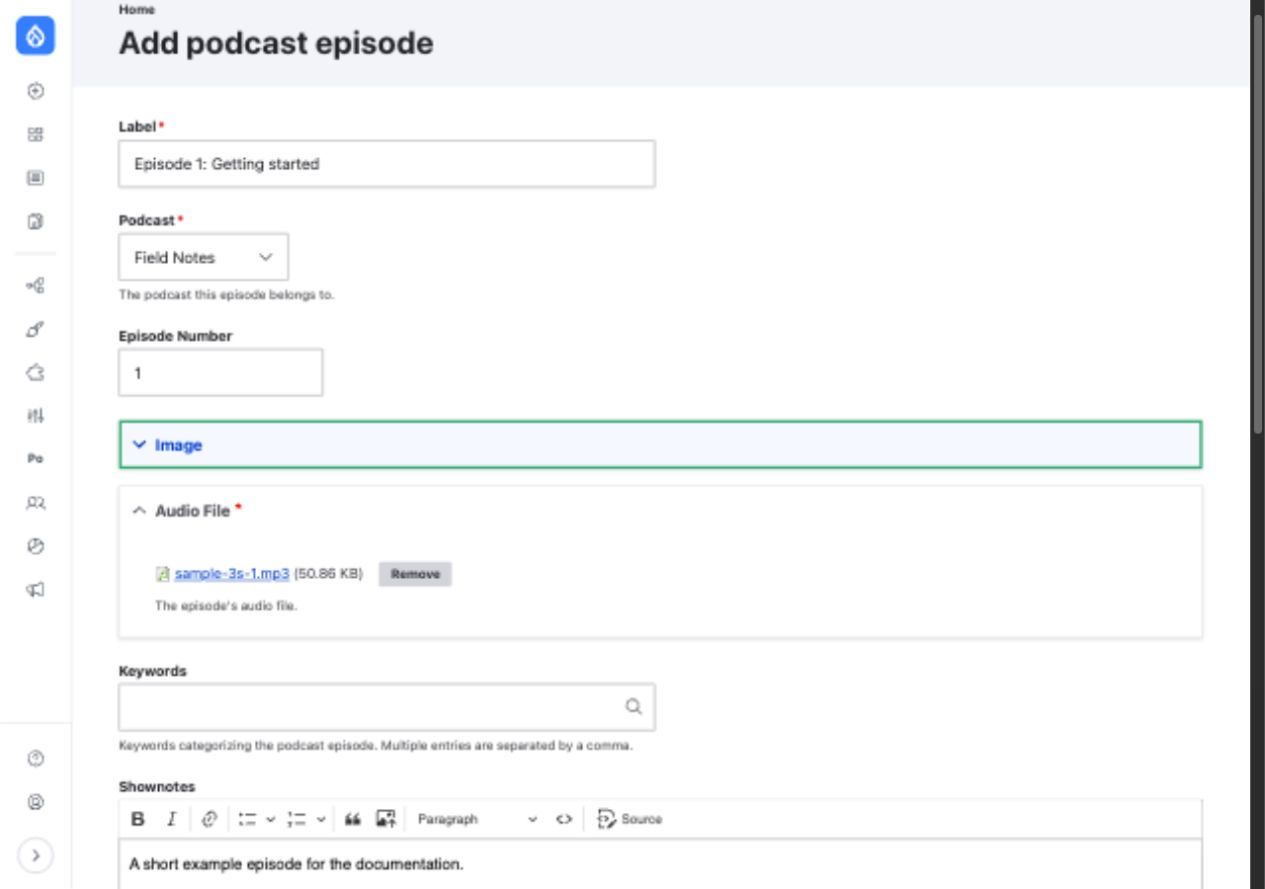 The Add podcast episode form with a selected podcast and uploaded audio file
