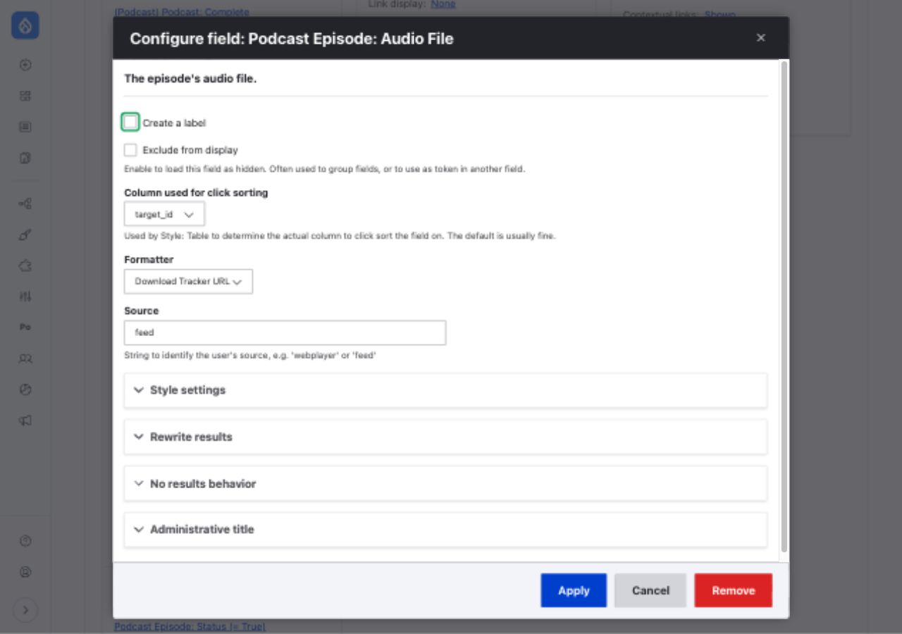 The Podcast Feed audio field using the Download Tracker URL formatter
