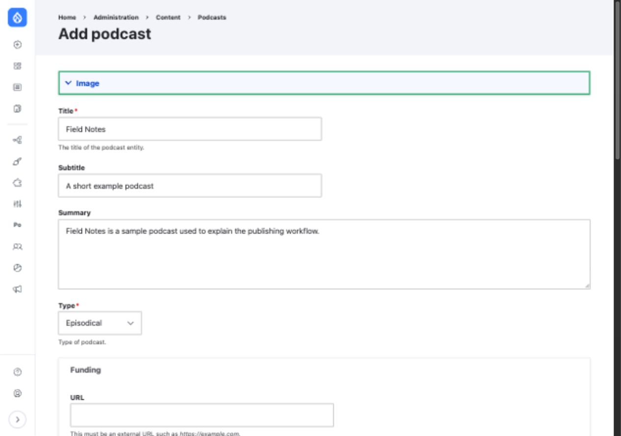 The Add podcast form with title, subtitle, summary, and type fields