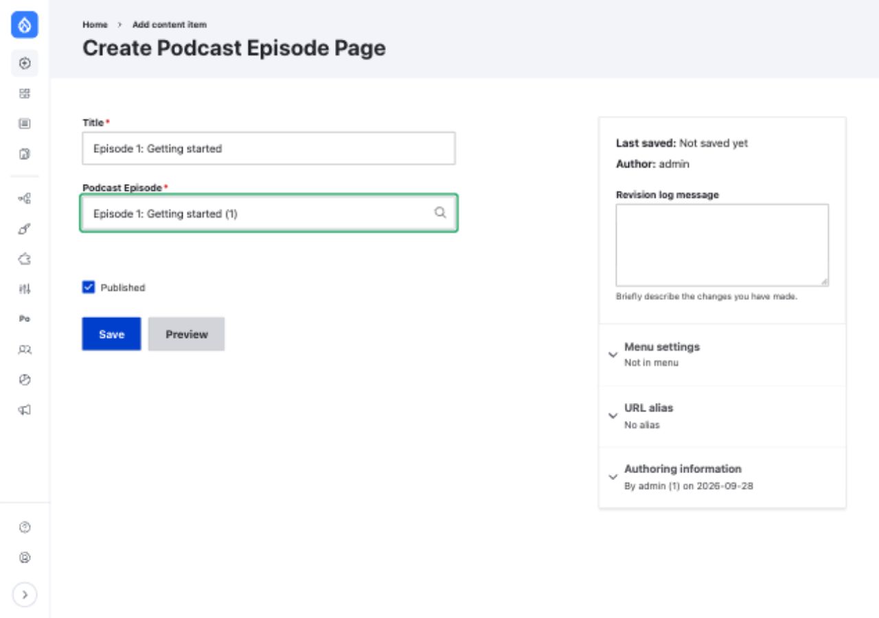 The Podcast Episode Page form with an episode reference selected